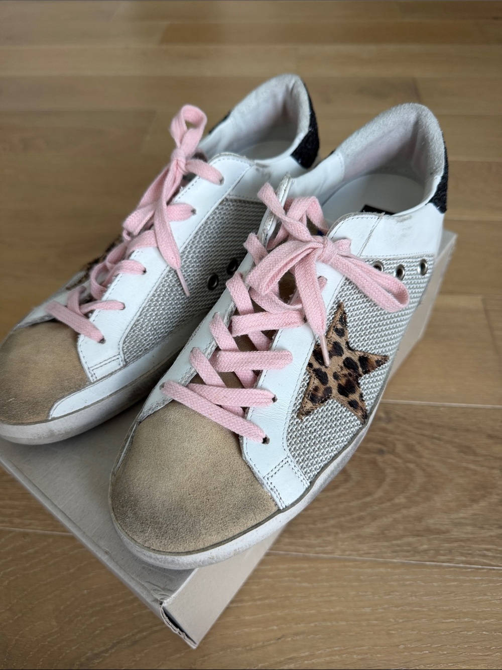 Golden Goose White Sneakers with Pink Laces and Leopard Star